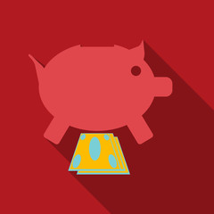 Piggy bank with bill icon flat design with long shadows