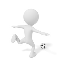 Fototapeta na wymiar White man kicking soccer ball or football in competition match game. 3D illustration. People Model rendering graphic. isolated white background. Football league and World cup concept. Cartoon theme