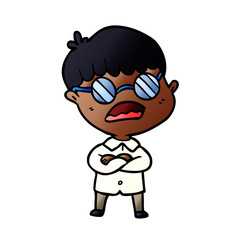 cartoon boy with crossed arms wearing spectacles