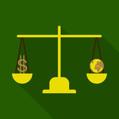 libra with money and planet icon with shadow in flat style