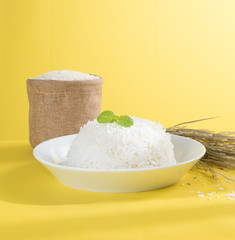 Cooked rice on plate with paddy, rice plant , thai jasmine rice