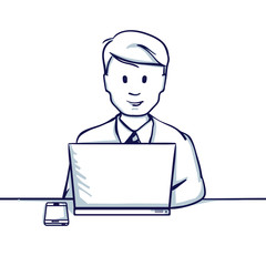 Young business man sitting at the table, next to his laptop and phone. With a credit card, it seems like shopping online. Hand drawn doodle cartoon vector illustration..