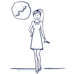 Young business woman stands. She is happy, positive result, successful business, growth trend. Hand drawn doodle cartoon vector illustration..