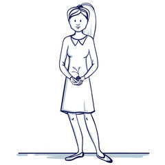 Young business woman stands. She holds a sprout in his hands. Symbolizes successful business, growth trend. Hand drawn doodle cartoon vector illustration..
