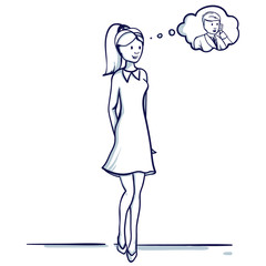 Young business woman stands. She is happy, remembers the man. Hand drawn doodle cartoon vector illustration..