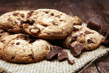 Chocolate chip cookies on table freshly baked