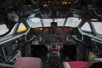 Inside the cockpit of an old aircraft