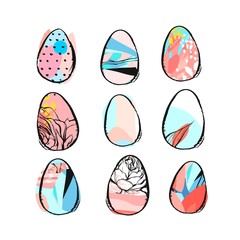 Hand drawn vector abstract creative Easter brush painted eggs collection set with floral motif in pastel colors isolated on white background.Easter spring decoration background.Easter design elements