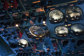 Instruments in the cockpit of an old aircraft