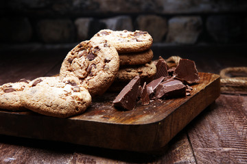 Chocolate chip cookies on table freshly baked