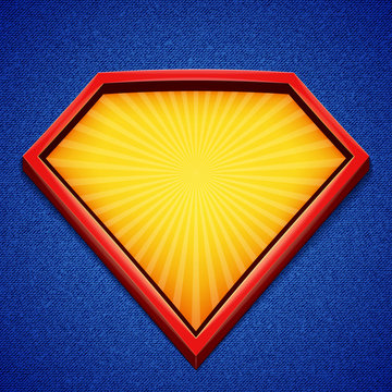 Superhero background. Superhero logo template. Red, yellow frame with divergent rays on blue backdrop. Vector illustration.