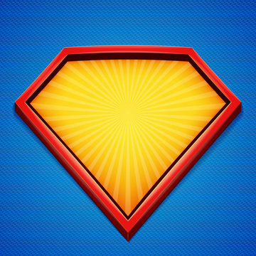 Superhero background. Superhero logo template. Red, yellow frame with divergent rays on blue backdrop. Vector illustration.