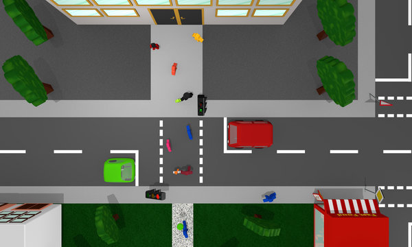 Stadtansicht von oben: Fußgängerampel mit Personen, bunten Autos und Häusern.