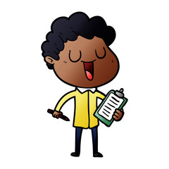 laughing cartoon man with clipboard and pen