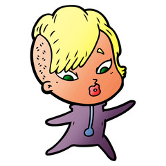 cartoon surprised girl in science fiction clothes
