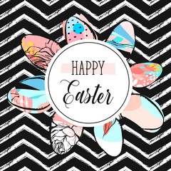 Hand drawn vector abstract creative Happy Easter greeting card design template with painted Easter eggs collection and Happy Easter phase isolated on black and white zig zag line chevron background