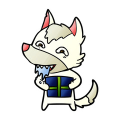 cartoon hungry wolf holding christmas present
