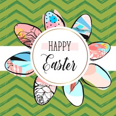 Hand drawn vector abstract Happy Easter greeting card design template with painted Easter eggs collection and Happy Easter phase isolated on green color trendy zig zag line chevron background