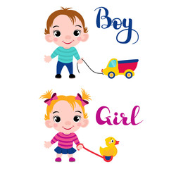 Cute little boy with a car and girl with a duck. Baby boy and girl image and toys, white background.