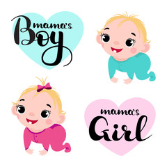 Cute little boy and girl with letter mama's boy and girl. Vector Baby boy and girl image isolated on white background.