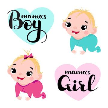 Cute little boy and girl with letter mama's boy and girl. Vector Baby boy and girl image isolated on white background.