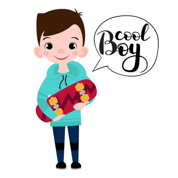 Cute little boy with a skateboard. Teenager boy image, white background.