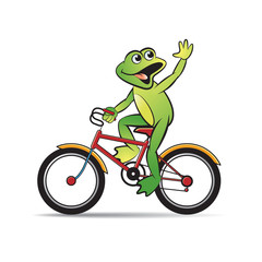 frog cartoon or mascot riding push bicycle waving hand happily vector illustration