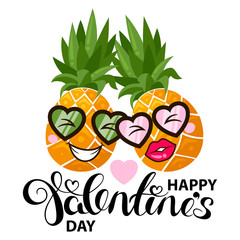 Happy Valentines Day card with pineapple and heart. Hand Drawing Vector Lettering design. Good For Greeting Cards, Print Design. Vector Illustration