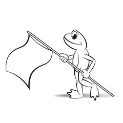 black outline frog cartoon or mascot holding white flag vector illustration