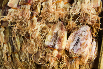 Packed of dried whole squids in china town market