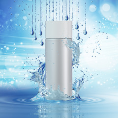 Naklejka na ściany i meble White cosmetic products with water splash on cyan background.