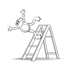 black outline frog cartoon or mascot falling down from ladder vector illustration