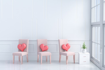 Red hearts on orange-pink chair in the room of love.Decor with three hearts, tree in glass vase, white wood bedside table, window, Rooms of Love on Valentine`s Day. Background and interior. 3D render.