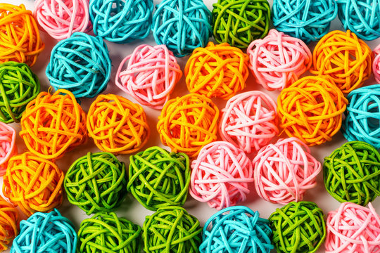 Multicolor rattan light balls. Creative decoration concept for Christmas celebration and Holiday. 