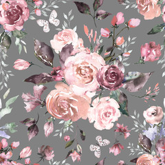 Motif harmonieux de fleurs roses et de feuilles sur fond gris, motif floral aquarelle, fleur rose de couleur pastel, à carreler pour papier peint, carte ou tissu. Fleurs de conception d& 39 abstraction