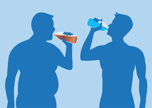 Silhouette Fat Man drink soda but healthy man drink pure water. illustration about health care.