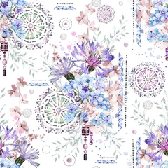 Foto op Canvas seamless pattern with watercolor flowers and textured ornaments - mandala. Abstract floral background. Tile with meadow wild flower and Geometric illustration. Cornflowers, me-nots © lisima