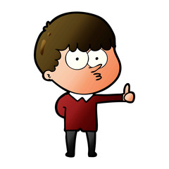cartoon curious boy giving thumbs up sign