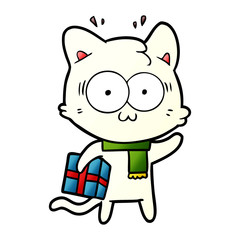 cartoon surprised cat with christmas present