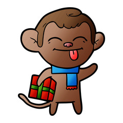 funny cartoon monkey with christmas present