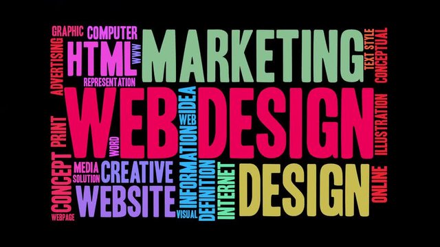 Web Design animated word cloud on a black background.