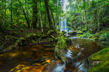 Waterfall with green moss in the tropical rainforest landscape