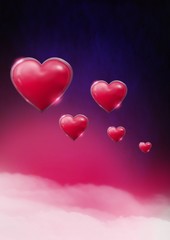 Obraz na płótnie Canvas Shiny bubbly Valentines hearts with purple misty background