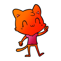 cartoon happy cat giving peace sign