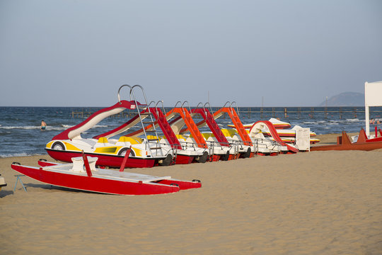 Emilia-Romagna, Italy, boats on the beach. The famous resort of Rimini