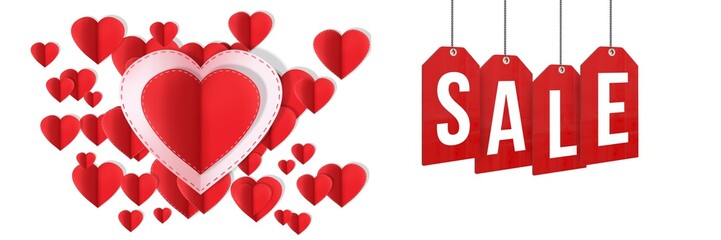 Sale text and Paper Valentines hearts