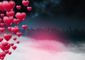 Shiny bubbly Valentines hearts with city misty background