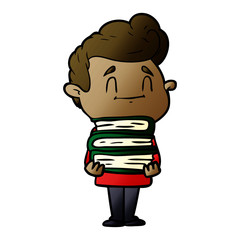 happy cartoon man with stack of new books