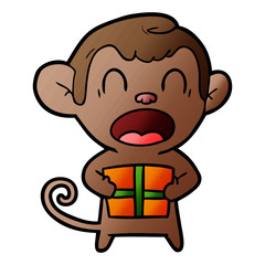shouting cartoon monkey carrying christmas gift