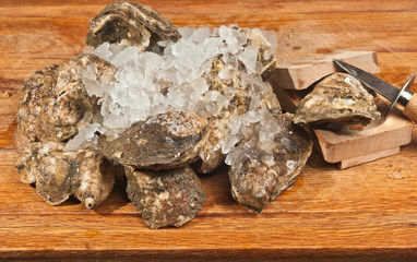 freshly picked oyster in a wood oyster grip and pruning open with an oyster knife  with chipped ice...